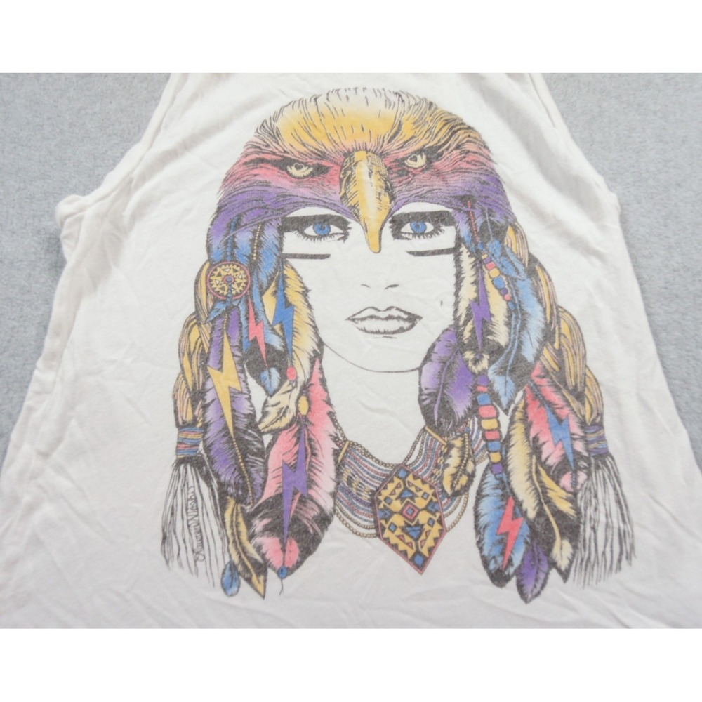Lauren Moshi Shirt Womens XS White Graphic Sleeveless Boho Feather Art Tank Top - Picture 2 of 8